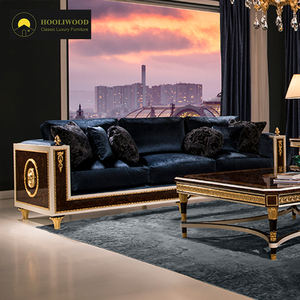 Sofá de terciopelo europeo real de lujo, sofá de 3 plazas azul oscuro con patas doradas, medallón de León de madera tallada para sala de estar de Villa - Product Image 2