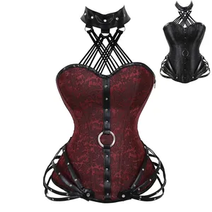 Plus Size Lady Steel Boned Corset Gothic Steampunk Leather Buckles Bustle Waist Trainer Bustier Clubwear Fancy Party Dress