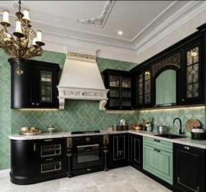 Armoires de cuisine opulentes noires et dorées - Meubles de style baroque avec des détails ornés et une organisation de rangement intégrée - Product Image 4