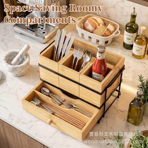 Wooden Cutlery <b>Storage</b> <b>Box</b> 3 Tier Desktop Organizer With Drawer For <b>Kitchen</b> Utensil <b>Storage</b> - Product Image 1