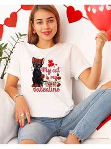T-shirt da donna My Cat Is My Valentine, casual, vestibilità ampia, girocollo, manica corta, 100% cotone, stampa floreale - Product Image 3