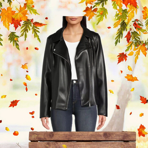 Women's Autumn/Winter Waterproof Woven PU Motorcycle <b>Jacket</b> Short <b>Blazer</b>-style with Button-Up Collar Solid Color - Product Image 3