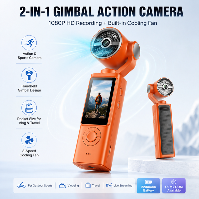 2-in-1 Portable Gimbal Action Camera 1080P HD Handheld Vlogging Camcorder with Cooling Fan for Outdoor Sports and Travel