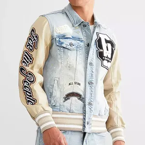 Giacche Jean Patchwork personalizzate Vintage in Denim Bomber giacca Varsity da uomo