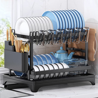 Égouttoir à vaisselle double couche pour cuisine, support de comptoir avec porte-tasses, boîte à couteaux/baguettes, bac à eau pour le rangement des bols/assiettes