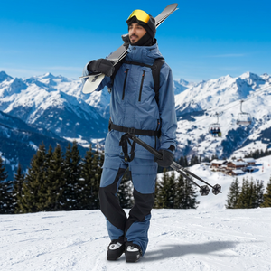 Traje de esquí impermeable azul para hombre con chaqueta acolchada con capucha y pantalones para deportes de invierno al aire libre, traje de esquí impermeable y a prueba de viento. - Product Image 1