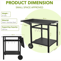 JH-Mech Doppelregal-Arbeitstisch im Freien mit 2 Rädern und 4 Haken Zusammen klappbares Design Grill-Pizza ofen wagen