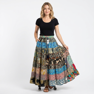 Jupe évasée en coton patchwork bohème de haute qualité pour femme, taille naturelle, longueur genou, toutes saisons, couleurs assorties, style décontracté bohème - Product Image 1