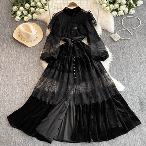 Abito Ampio da Donna in Velluto con Colletto alla Coreana, Stile Retrò Francese, con Perle e Inserti in Pizzo - Product Image 3