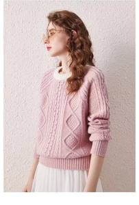 Pull en <span class=keywords><strong>laine</strong></span> de mouton épaisse <span class=keywords><strong>rose</strong></span> à blocs de couleur d'hiver ODM, 360g, tricoté à l'ordinateur, style normcore/minimaliste, col rond, manches longues, doux et chaud pour femmes - Product Image 3
