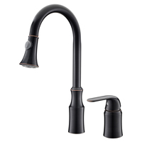 Keran Dapur Hitam Matte dengan Semprotan Tarik Turun, Lengkung Tinggi, Pegangan Tunggal, Pemasangan di Dek, 2 Lubang, Aksen Tembaga, Keran Wastafel Fungsi Ganda