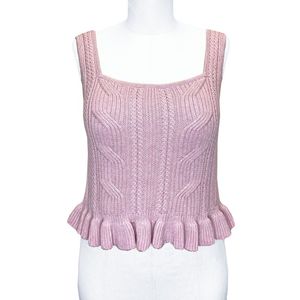 Women Knitted Tank <b>Top</b> Square Collar Ruffles Sweet Style Short Length Solid Color Pink - Product Image 1