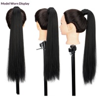 Queue de cheval longue et droite en fibre synthétique de 24 pouces, à clipser, avec bandeau enveloppant, extensions de cheveux, postiche pour femmes blanches