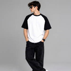 Camiseta de Manga Raglán Blanca y Negra para Hombre, Corte Regular, Cuello Redondo, Informal, 100% Algodón Jersey, Estilo Urbano, Color Sólido, Secado Rápido - Product Image 3