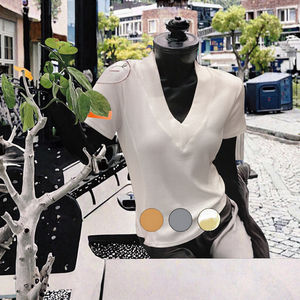 3361 #   Camiseta Básica de Punto para Mujer, al por Mayor, ODM/OEM, Informal, Primavera-Verano, Manga Corta, Cuello en V, Transpirable, Ajustada - Product Image 3