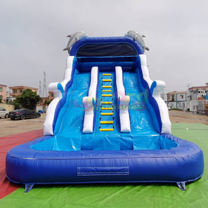 Château gonflable aquatique pour enfants à deux voies avec toboggan aquatique gonflable en forme de dauphin et piscine - Product Image 1
