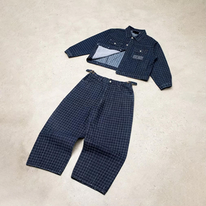 Ensemble veste en jean boutonnée et pantalon baggy, survêtement, jean personnalisé à motif à carreaux, ensemble en jean bleu épais 13oz pour homme - Product Image 1