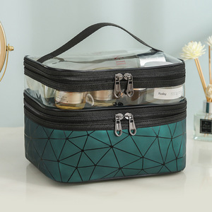 Cosmetic Bag PVC Travel Toiletry <b>Case</b> Portable <b>Makeup</b> Organizer Green Geometric Design Double Zipper Storage Bag - Product Image 2