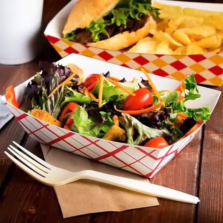 Benutzer definierte Einweg biologisch abbaubare Hot Dog Kraft papier Lebensmittel verpackung Popcorn Chicken Fries Tablett mit Pe Coated