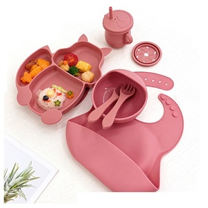 Round Silicone Baby Feeding Set 7 Pieces Suction Plate Bowl Cup <b>Bib</b> Spoon Fork for Healthy Eating - Product Image 2