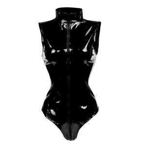 MOGlovers Offre Spéciale 2019 Body en cuir PVC noir brillant sans manches Catsuit Bodycon ouvert entrejambe fermeture éclair <span class=keywords><strong>combinaison</strong></span> femmes - Product Image 3
