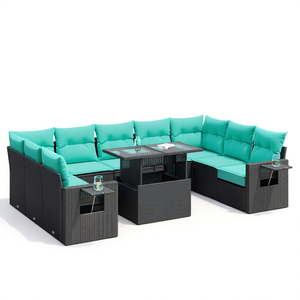 Set di Divani da Giardino in Polyrattan Nero e Acacia con Cuscini, 10 Pezzi, Arredamento da Esterno dal Design Contemporaneo - Product Image 1