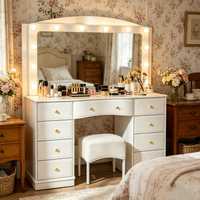 En gros Coiffeuse moderne blanche pour hôtel avec miroir LED, 9 tiroirs et tabouret rembourré, mobilier de chambre