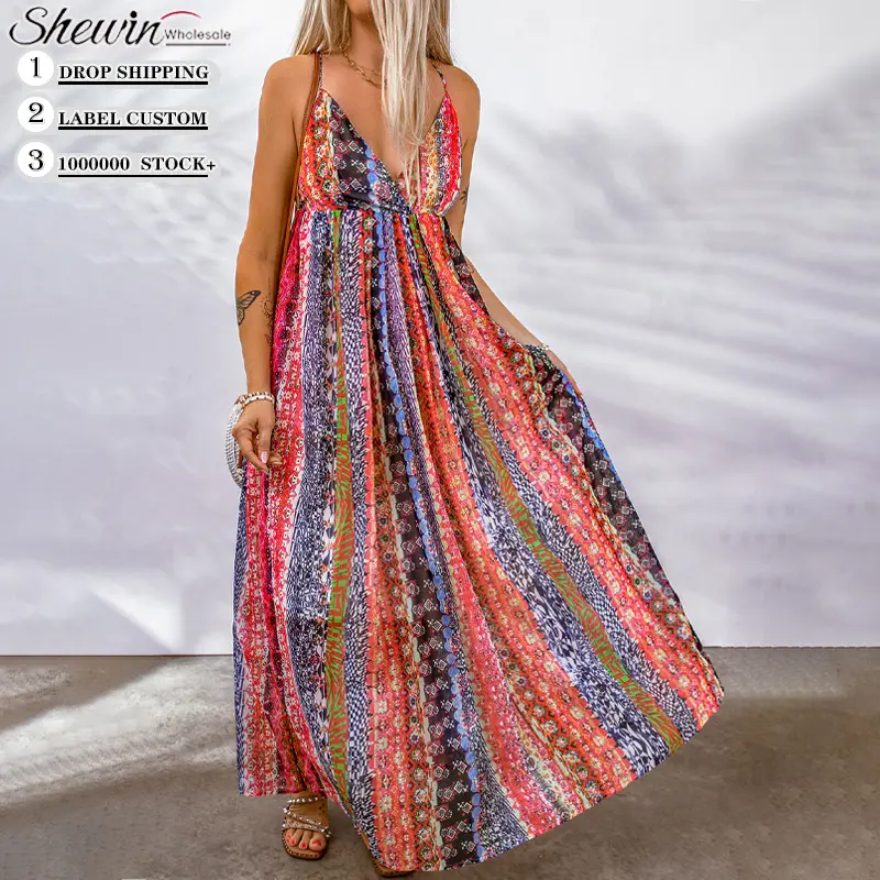 2023 Fashion Sling V Neck Backless Boho Print Long Sundresses Women Summer Dresses Maxi