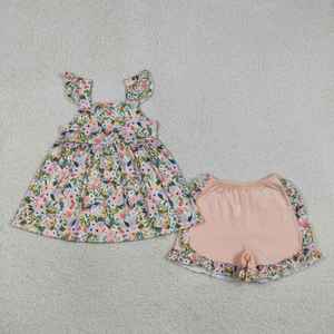 Nouvel Arrivage Ensemble Court pour Fillettes avec Broderie Pastèque, Haut Tunique à Manches Volantées Rayées et Short en Coton Rouge Décontracté - Product Image 4