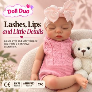 ตุ๊กตาซิลิโคน DollDuo ขนาด 13 นิ้ว แบบสั่งทำพิเศษ ตุ๊กตาเด็กแรกเกิดหลับ ชุดถักสีชมพู โบว์น่ารัก เหมือนจริง ของขวัญวันขอบคุณพระเจ้าสำหรับเด็ก - Product Image 1