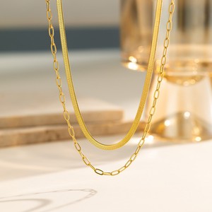 18K PVD Gold Plated Stainless Steel Double Layer Snake Bone and Paperclip <b>Chain</b> Necklace | Fashion Jewelry for Women - Product Image 1