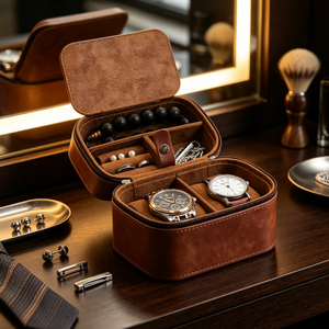 Étui de voyage vintage en cuir marron pour montres, double compartiment, boîte à bijoux portable pour bagues, colliers et bracelets de perles - Product Image 3