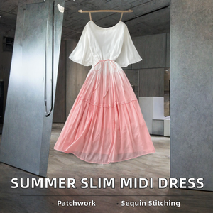 <b>White</b> Pink Contrast Color <b>Boho</b> Chiffon Maxi <b>Dress</b> O-Neck Flutter Sleeve A-Line Loose Summer Casual <b>Dress</b> - Product Image 2