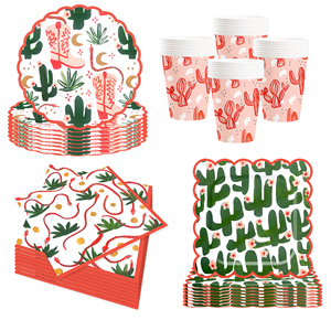 Vaisselle de fête Western Cowgirl DAMAI : Assiettes et serviettes en papier roses, thème Cowgirl et Cactus, pour 8 invités - Product Image 5