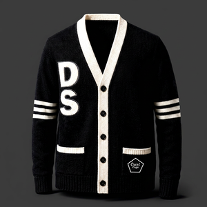 <b>Black</b> Knitted V-neck <b>Cardigan</b> <b>With</b> DS Embroidery And Crest Logo Preppy Style Long Sleeve university college Sweater - Product Image 1