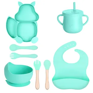 Wholesale Kids Silicone Feeding Set Food Grade Cartoon Style Baby Tableware Suction Lid Including Forks Spoons Bowls
