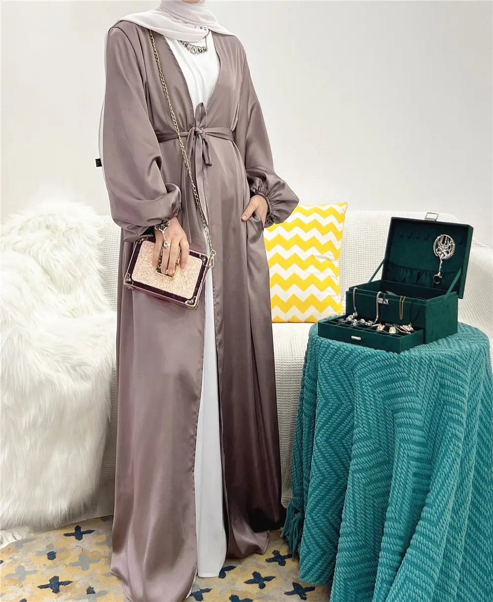 2 Piece Elegant Islamic Clothing Sleeveless Dress Fashion Girl Muslim Dress Kimono Cardigan Front Open Abaya Dubai