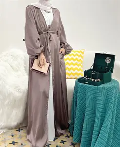 2 potong pakaian Islami elegan tanpa lengan gaun modis gaun Muslim anak perempuan kardigan Kimono depan terbuka Abaya Dubai