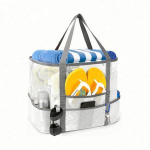 Bolsa de Playa de Malla Portátil Unisex, Gran Capacidad, para Viajes Familiares, Reutilizable, de Poliéster Blanco, para Compras - Product Image 1