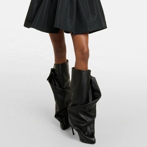 Wide Top Women's Knee High <b>Boots</b> Pointed Toe Bow Knotted Pants Long Booties Stiletto Hook Shape Heels Stage Shoes - Product Image 2