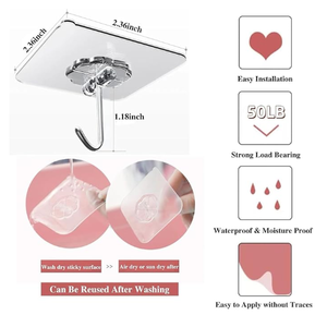 Strong Adhesive Non-Perforated Waterproof Enlarged Transparent Stainless Steel Bathroom Kitchen <strong>Wall</strong> <strong>Hook</strong> - Product Image 3
