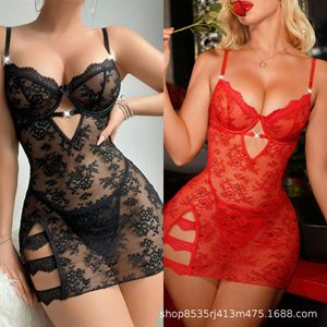 Chemise de nuit sexy en dentelle, lingerie sexy, pyjama femme transparent en dentelle à bretelles, style européen et américain - Product Image 3