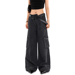 Vendita all'ingrosso su misura stile Street a vita bassa grandi pantaloni neri Cargo Jeans donna <span class=keywords><strong>con</strong></span> Jeans strappati donna per tutta la stagione - Product Image 4