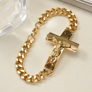 Bracelets unisexes en or véritable plaqué or, style cubain épais, avec crucifix sculpté de luxe, vente en gros directe usine - Product Image 5