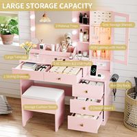 Coiffeuse de Chambre Fille Wenfeng Rose OEM/ODM avec 5 Tiroirs de Rangement, Prise de Courant, Lumière RGB et Miroir en Bois Réglable Éclairé