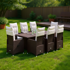 Conjunto de Bistro para Patio de Ratán Sintético Marrón con Cojines, 9 Piezas, Muebles de Jardín, Diseño Contemporáneo - Product Image 2