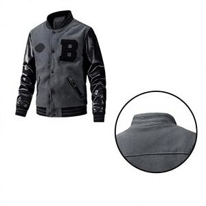 <b>Men's</b> Gray Varsity Jacket <b>Black</b> Cotton Sleeves Mandarin Collar Front Logo Breathable Baseball <b>Coat</b> - Product Image 3
