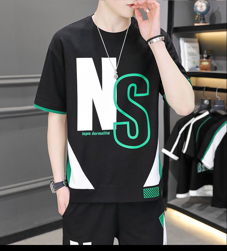 NS Summer Men's Sets Korean Fashion Harajuku Men Clothing Tracksuit Men Casual Short Sleeve T Shirts+Shorts 2 Piece Soccer Set