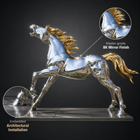 Sculpture de cheval au galop doré, en acier inoxydable poli, moderne, or et argent, décoration de jardin extérieur