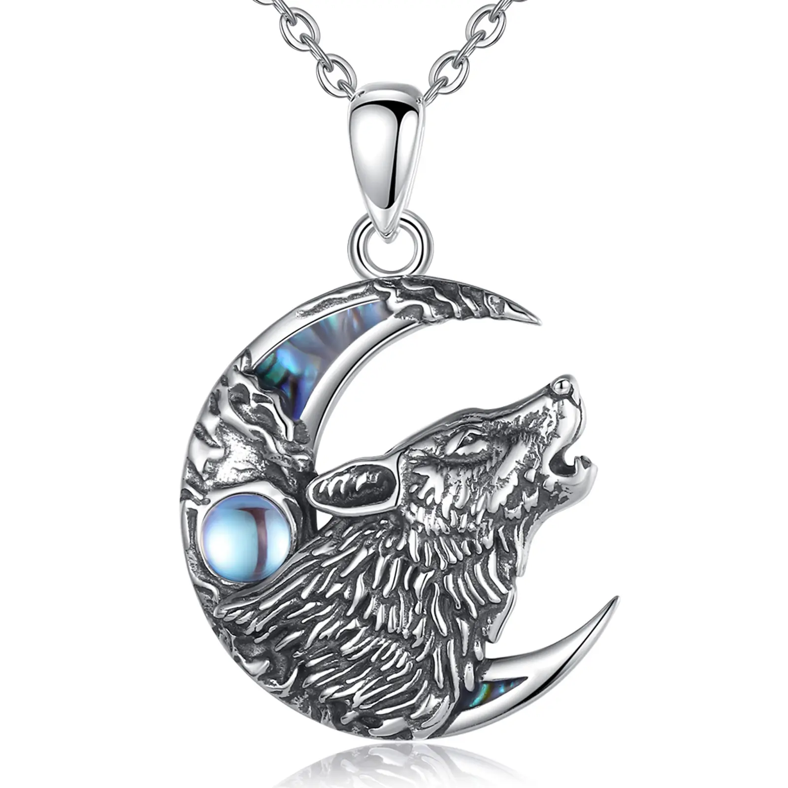 Changda 925 Sterling silver moonstone men viking howling wolf head charm pendant necklace